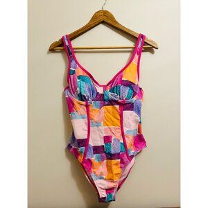 Nanette Lepore Sz 8 Slim Pink Multicolor Block Molded Cup 1 Piece Swimsuit